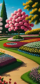 Colorful garden landscape wallpaper with vibrant flowers and trees.