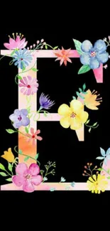 Colorful floral letter wallpaper on black background.