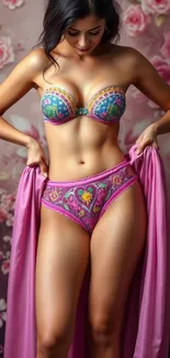 Woman in colorful floral lingerie set against floral background.