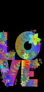 Colorful floral love design on black background.