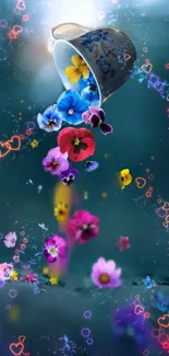 Colorful flowers cascade from vintage cup in whimsical wallpaper.