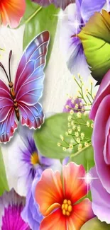 Colorful flowers and butterfly design wallpaper.