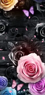 Colorful roses and butterflies on a dark wooden background.