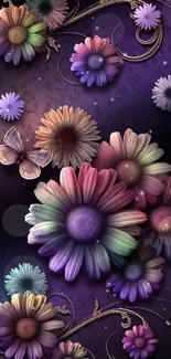 Vibrant floral mobile wallpaper with colorful daisies on a dark background.