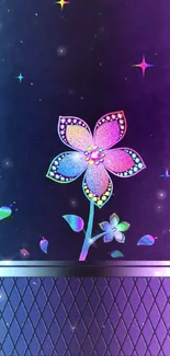 Vibrant wallpaper with a multicolored flower on a purple background.