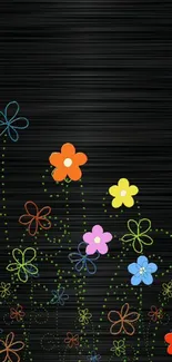 Colorful floral patterns on a black mobile wallpaper background.