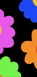 Vibrant floral wallpaper with colorful abstract flowers on a black background.