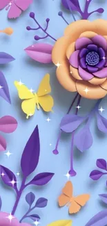 Colorful floral wallpaper with butterflies on a blue background.