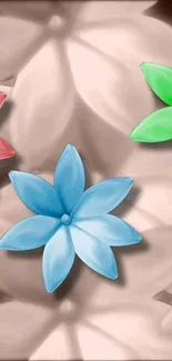 3D colorful flowers on a beige background.