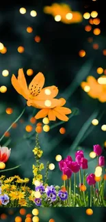 Vibrant floral wallpaper with colorful bokeh effect and orange flowers.