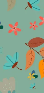 Colorful floral mobile wallpaper with teal background and vibrant leaves.