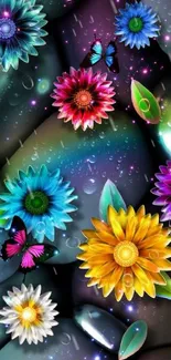 Vibrant 3D floral wallpaper with butterflies.