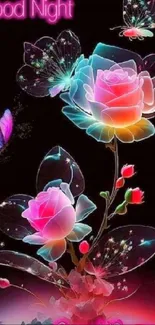 Vibrant neon floral wallpaper with glowing roses and butterflies on a black background.