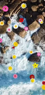 Mobile wallpaper with colorful flowers on a rocky ocean wave scene.