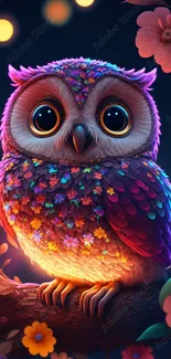 Vibrant owl adorned with colorful flowers on a dark background.