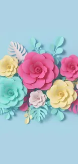 Colorful paper art floral design with pink, yellow, and teal elements.