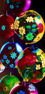 Vibrant orbs with floral patterns on a black background.