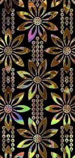 Vibrant floral pattern wallpaper with metallic hues.