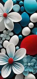 Stylish wallpaper featuring colorful floral pattern with red, blue, white hues.