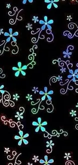 Vibrant floral pattern wallpaper with neon colors on black.