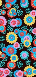 Vibrant, colorful floral pattern on a dark background for mobile wallpaper.