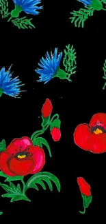 Vibrant floral design with red and blue flowers on a black background.