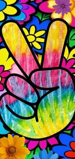 Colorful wallpaper with peace sign and floral design in bright hues.