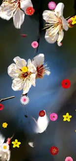 Colorful phone wallpaper with various flowers on a dark background.