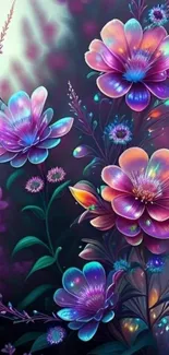 Vibrant colorful floral wallpaper with glowing purple flowers on a phone.