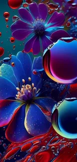 Vibrant floral wallpaper with colorful flowers and shiny bubbles.