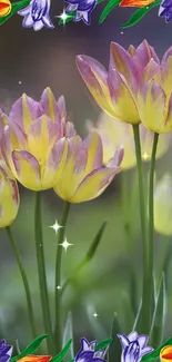 Vibrant yellow and pink tulips on a nature-themed wallpaper.