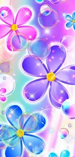 Colorful floral wallpaper with bubbles and gradient background.