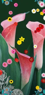 Pink calla lilies with colorful blooms on a green background.