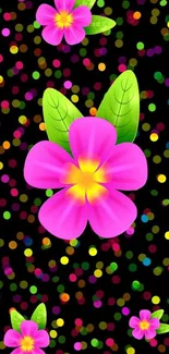 Vibrant pink flowers with green leaves on colorful spotted background.