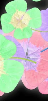 Pastel-toned floral leaves on black background.