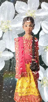 Girl in traditional attire with white floral backdrop.