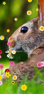 A vibrant wallpaper with a rabbit and colorful flowers on a green background.