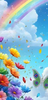 Vibrant floral design with rainbow and butterfly in fantasy sky.