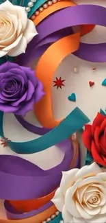 Colorful floral wallpaper with ribbons and roses.