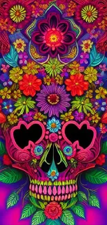 Vibrant neon skull with flowers wallpaper, perfect for a colorful mobile background.