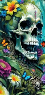 Vibrant skull with flowers and butterflies wallpaper.