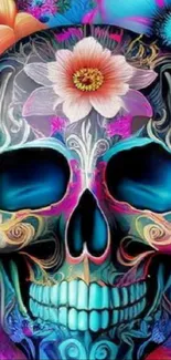 Colorful skull with floral designs and vibrant colors.