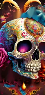 Colorful skull with floral patterns on a mobile wallpaper.