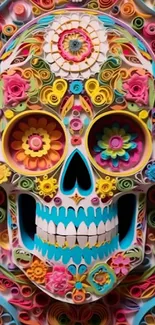 Colorful floral skull designed with vibrant paper art.