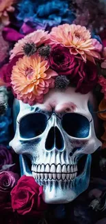 Colorful skull with vibrant flowers as a phone wallpaper.