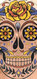 Colorful skull wallpaper with floral design and vibrant hues.