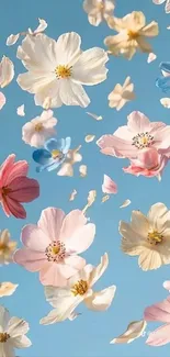 Colorful flowers floating in a blue sky wallpaper.