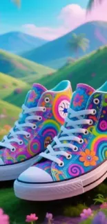 Colorful floral sneakers on a vibrant hillside.