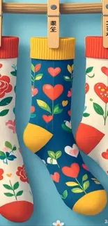 Cartoon-style socks with floral and heart patterns.