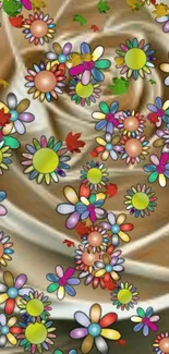 Colorful abstract flowers on spiral beige background.